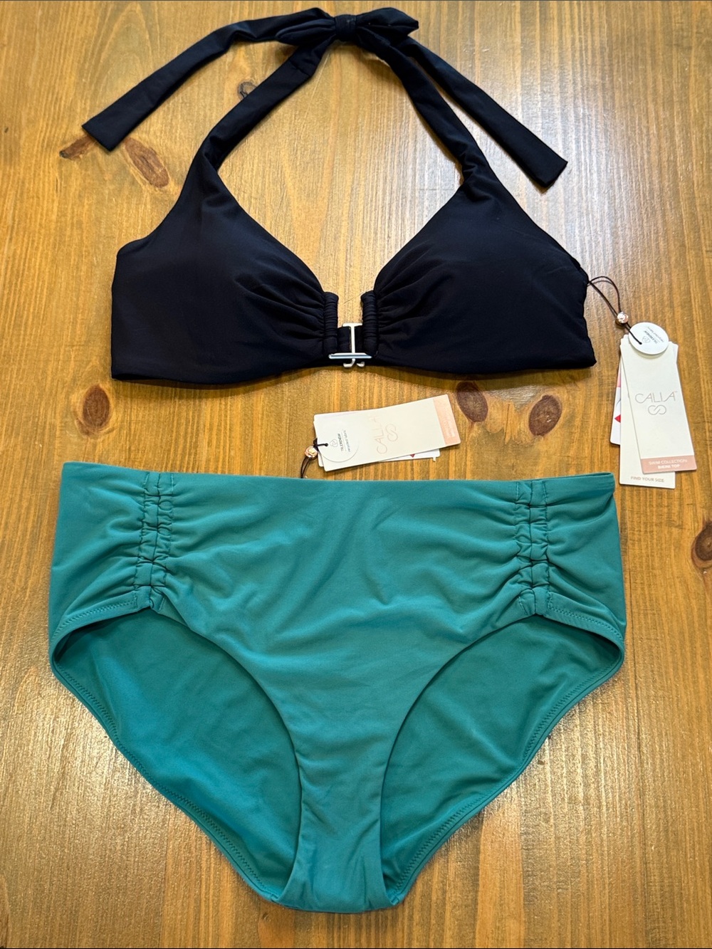 CALIA Women's U-Bar Halter & Tie Front Mid-Rise swim Bikini Set in Black & Teal